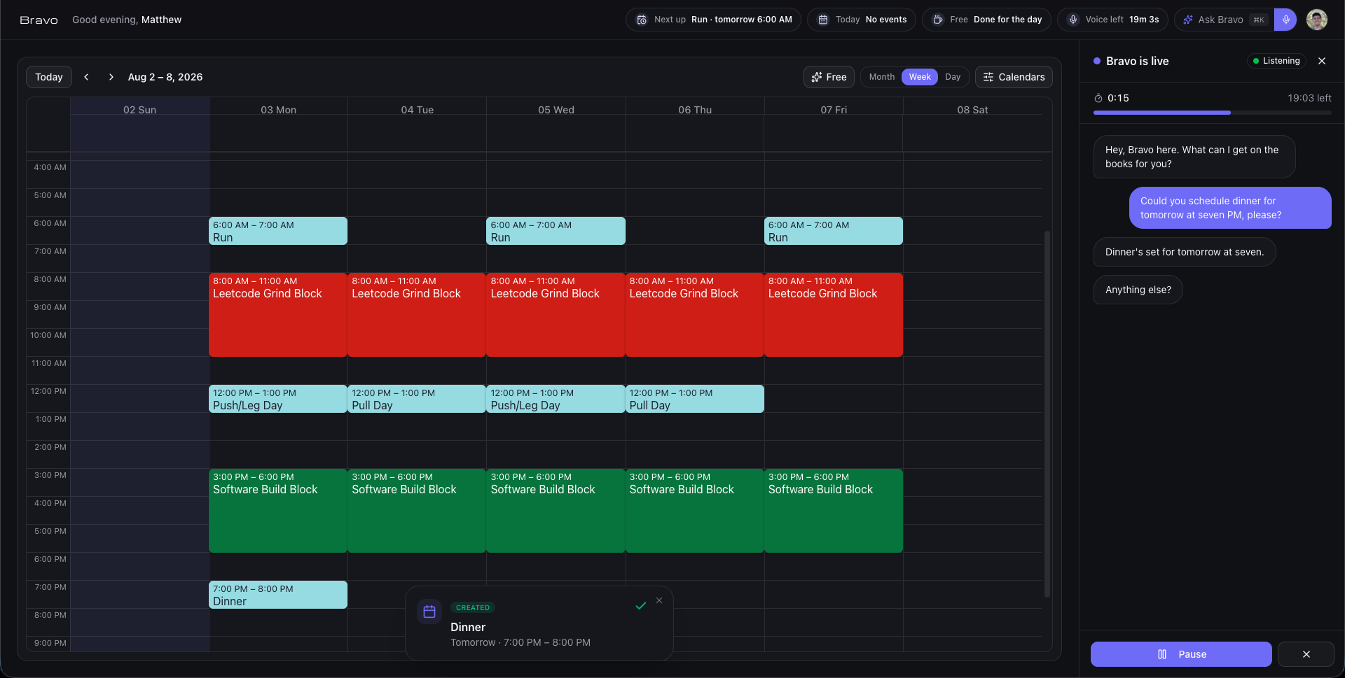 Bravo — calendar with the voice panel open